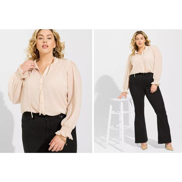 Torrid Crinkle Chiffon Button Up Mock Neck Blouse Cream and Gold Size 3 - Picture 1 of 9